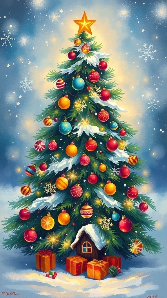 A colorful Christmas tree painting with ornaments and lights, set in a snowy backdrop.